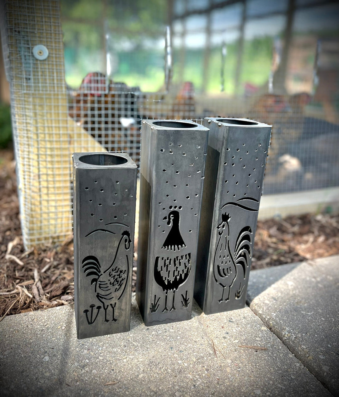 Chicken Coop Trio Rustic Pillar w/ Solar Cap | 10-inch, 12-inch, 12-inch