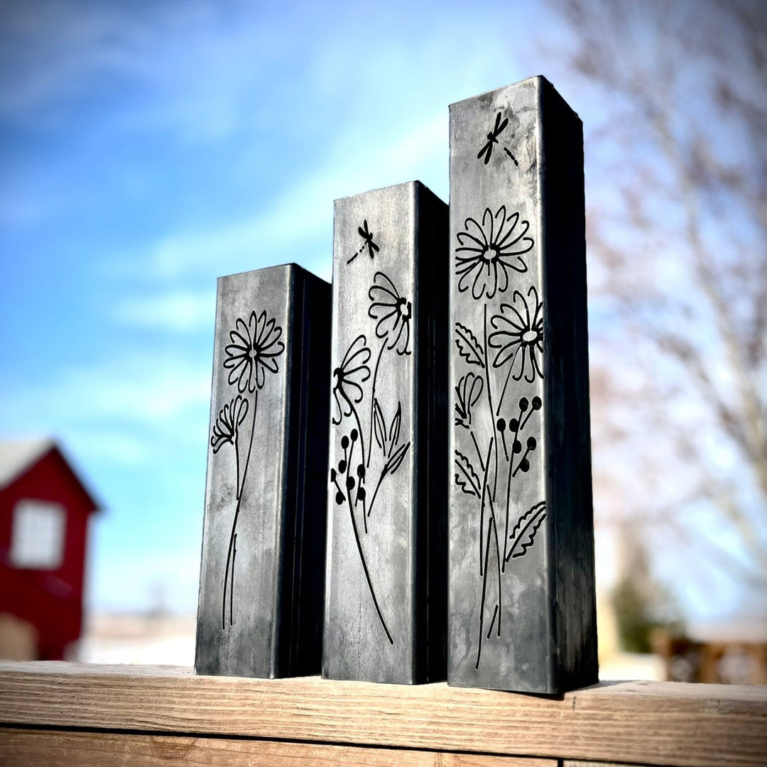 Glowing Daisies Luminary Pillar w/ Solar Cap | 12-inch, 14-inch, 16-inch