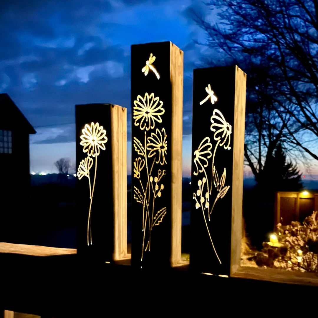 Glowing Daisies Luminary Pillar w/ Solar Cap | 12-inch, 14-inch, 16-inch