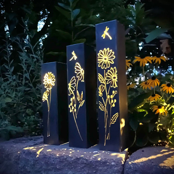 Glowing Daisies Luminary Pillar w/ Solar Cap | 12-inch, 14-inch, 16-inch