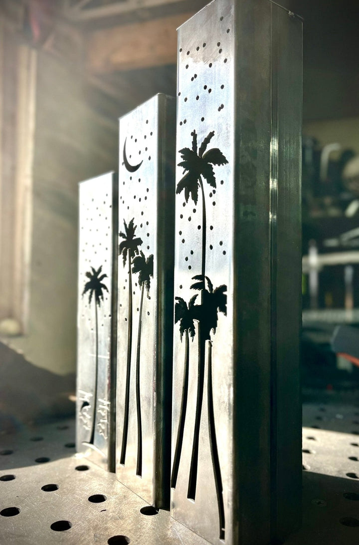 Palm Trees Under the Stars Luminary Pillars w/ Solar Cap | 12-inch, 14-inch, 16-inch