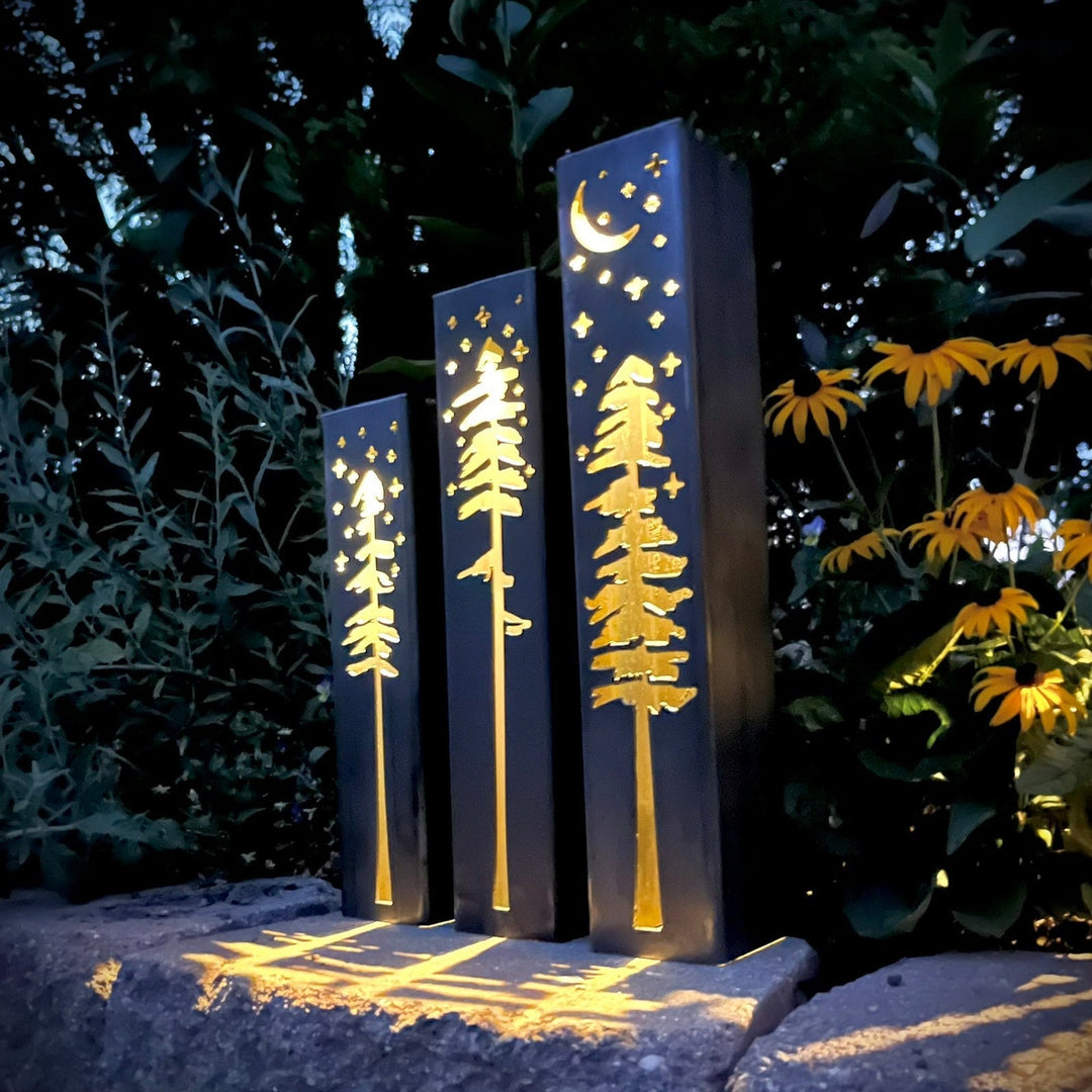 Pine Tree Night Sky Luminary Pillar w/ Solar Cap | 12-inch, 14-inch, 16-inch