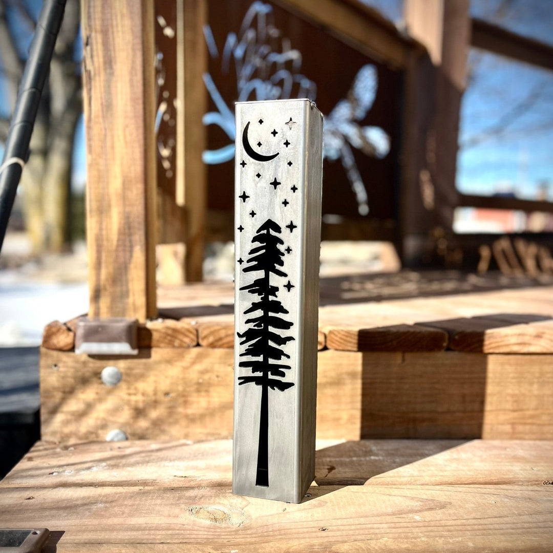 Pine Tree Night Sky Luminary Pillar w/ Solar Cap | 12-inch, 14-inch, 16-inch